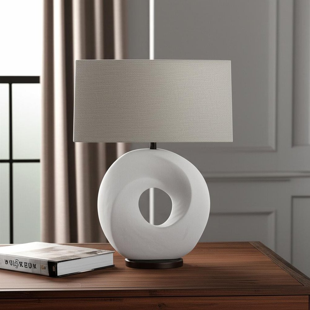 27" White Geometric Table Lamp With Gray Shade