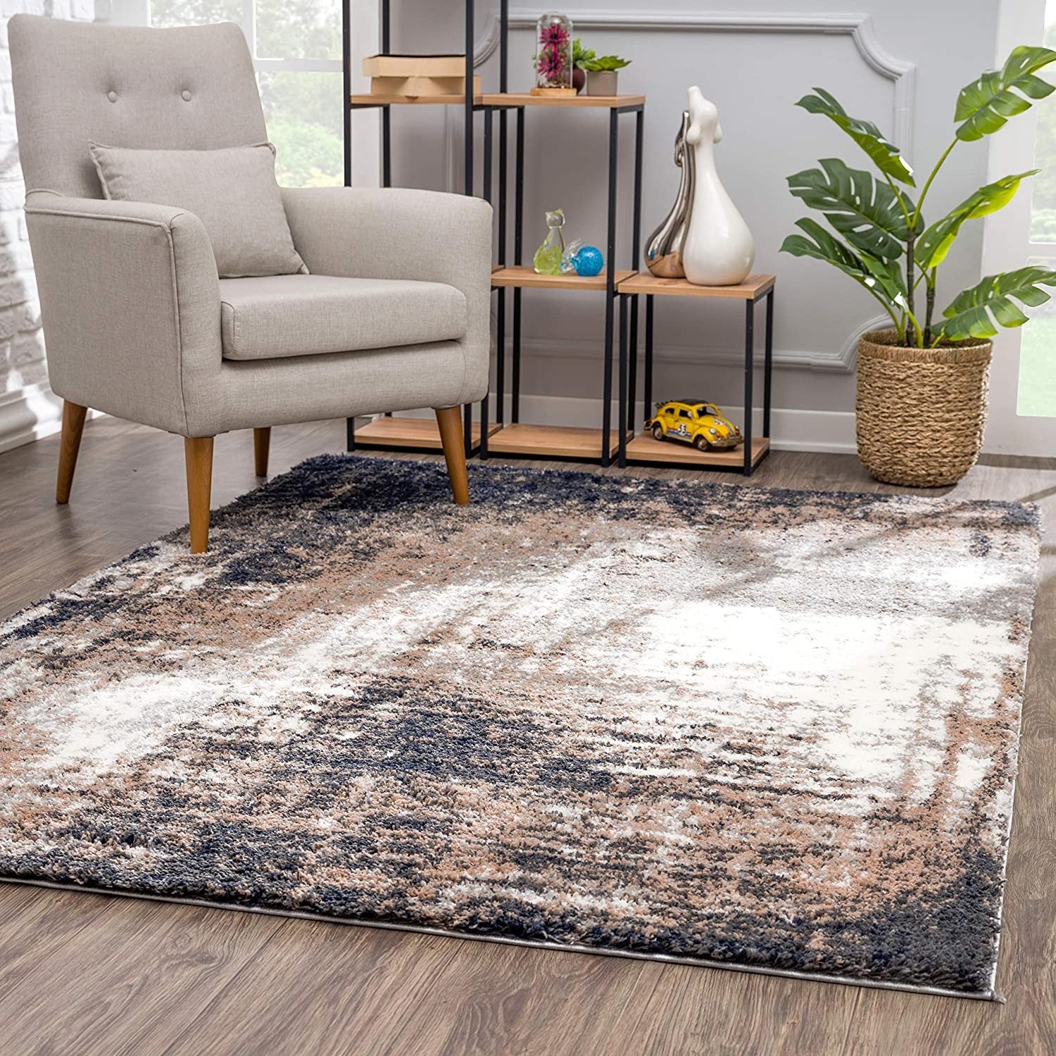 4’ X 6’ Ivory And Navy Retro Modern Area Rug