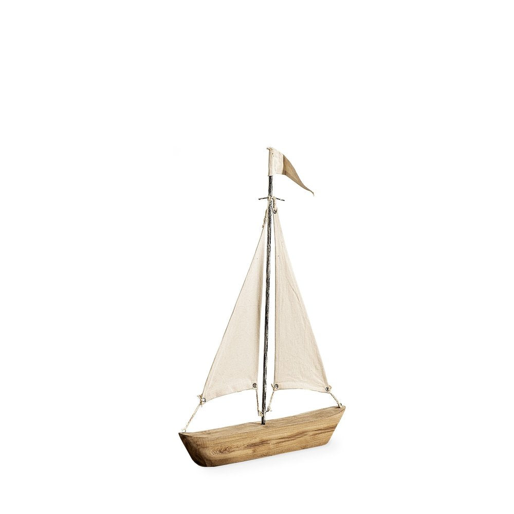 21" Brown And Natural Wood Metal And Fabric Sailboat Tabletop Sculpture