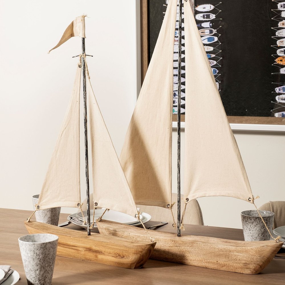21" Brown And Natural Wood Metal And Fabric Sailboat Tabletop Sculpture