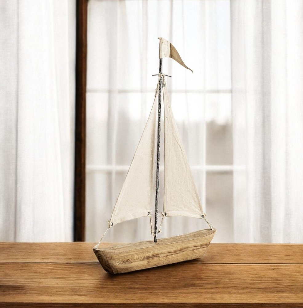 21" Brown And Natural Wood Metal And Fabric Sailboat Tabletop Sculpture