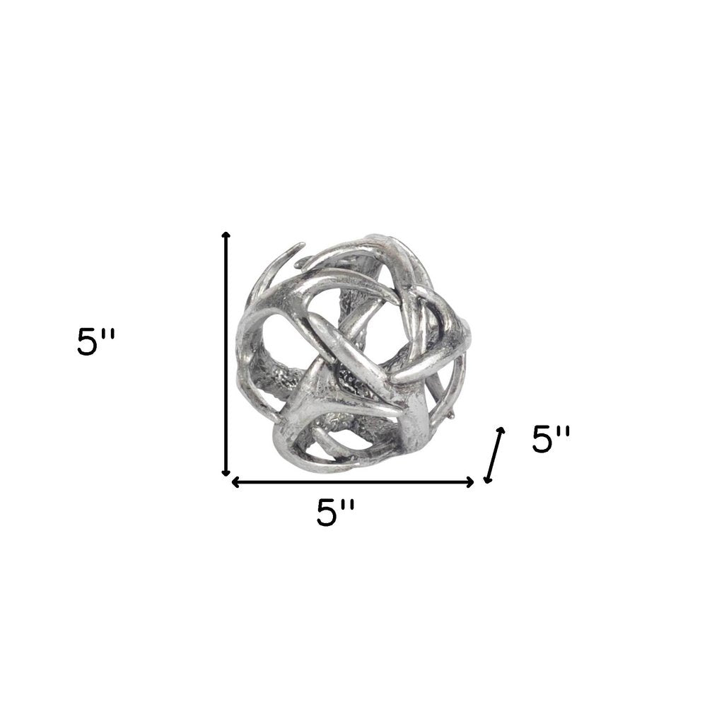5" Antiqued Silver Resin Faux Antler Decorative Orb