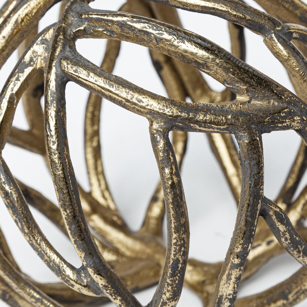 7" Antiqued Gold Rustic Tree Branch Aluminum Orb Tabletop Sculpture