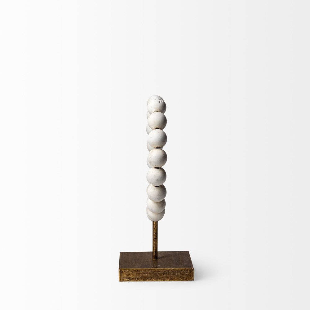 12" White and Gold Wood and Metal Abstract Beaded Tabletop Sculpture