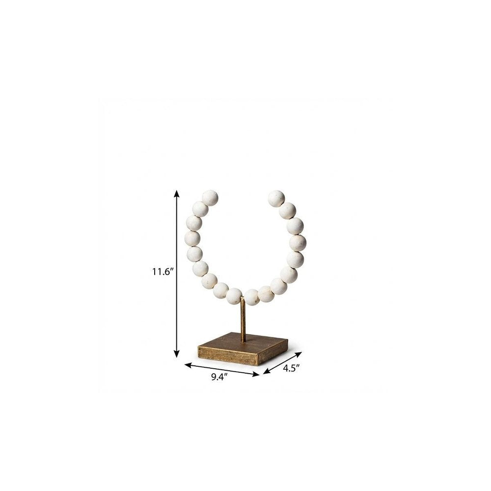 12" White and Gold Wood and Metal Abstract Beaded Tabletop Sculpture
