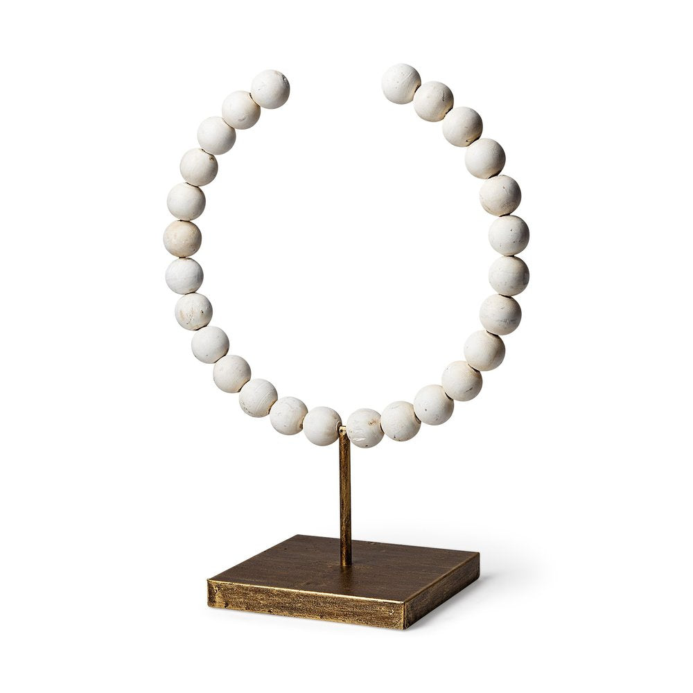 16" White and Gold Wood and Metal Abstract Beaded Tabletop Sculpture