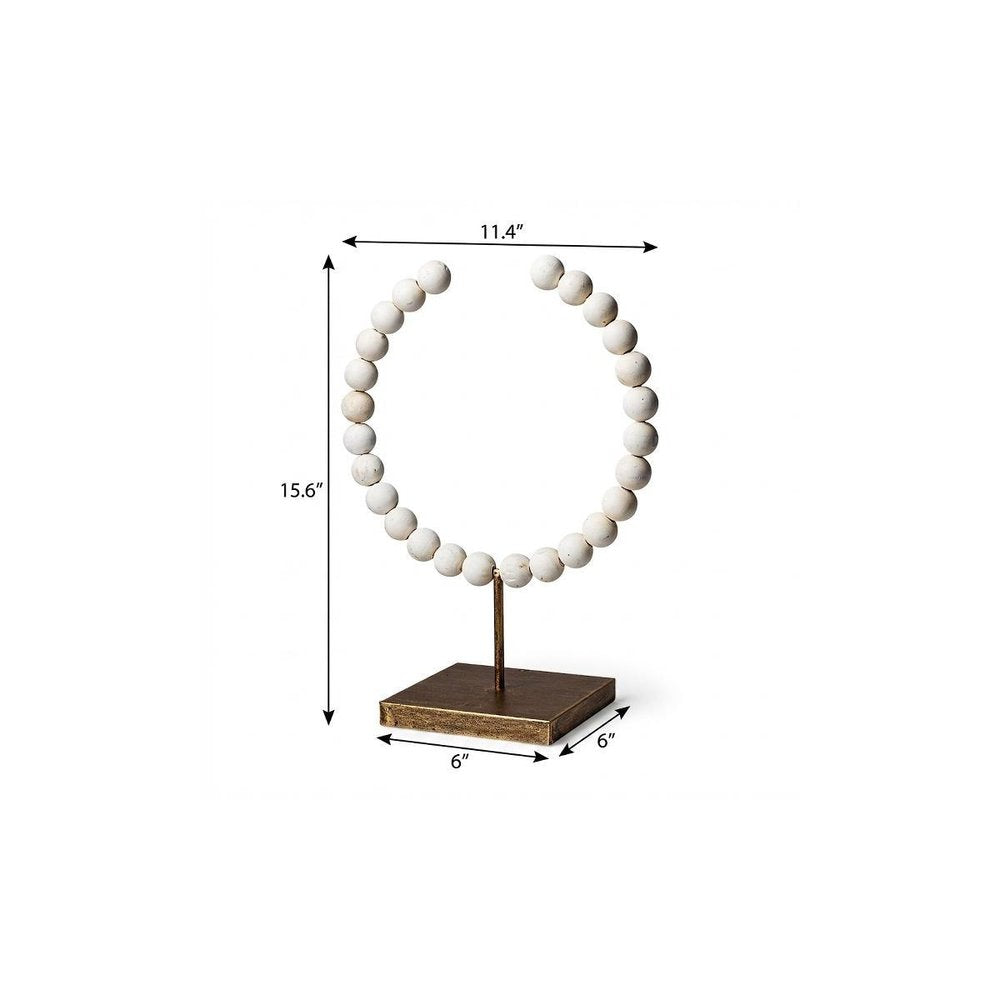 16" White and Gold Wood and Metal Abstract Beaded Tabletop Sculpture