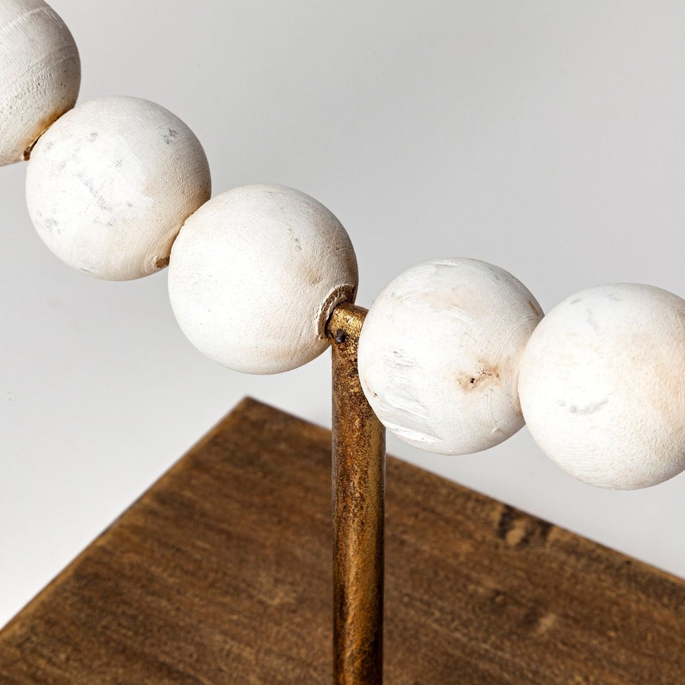 16" White and Gold Wood and Metal Abstract Beaded Tabletop Sculpture