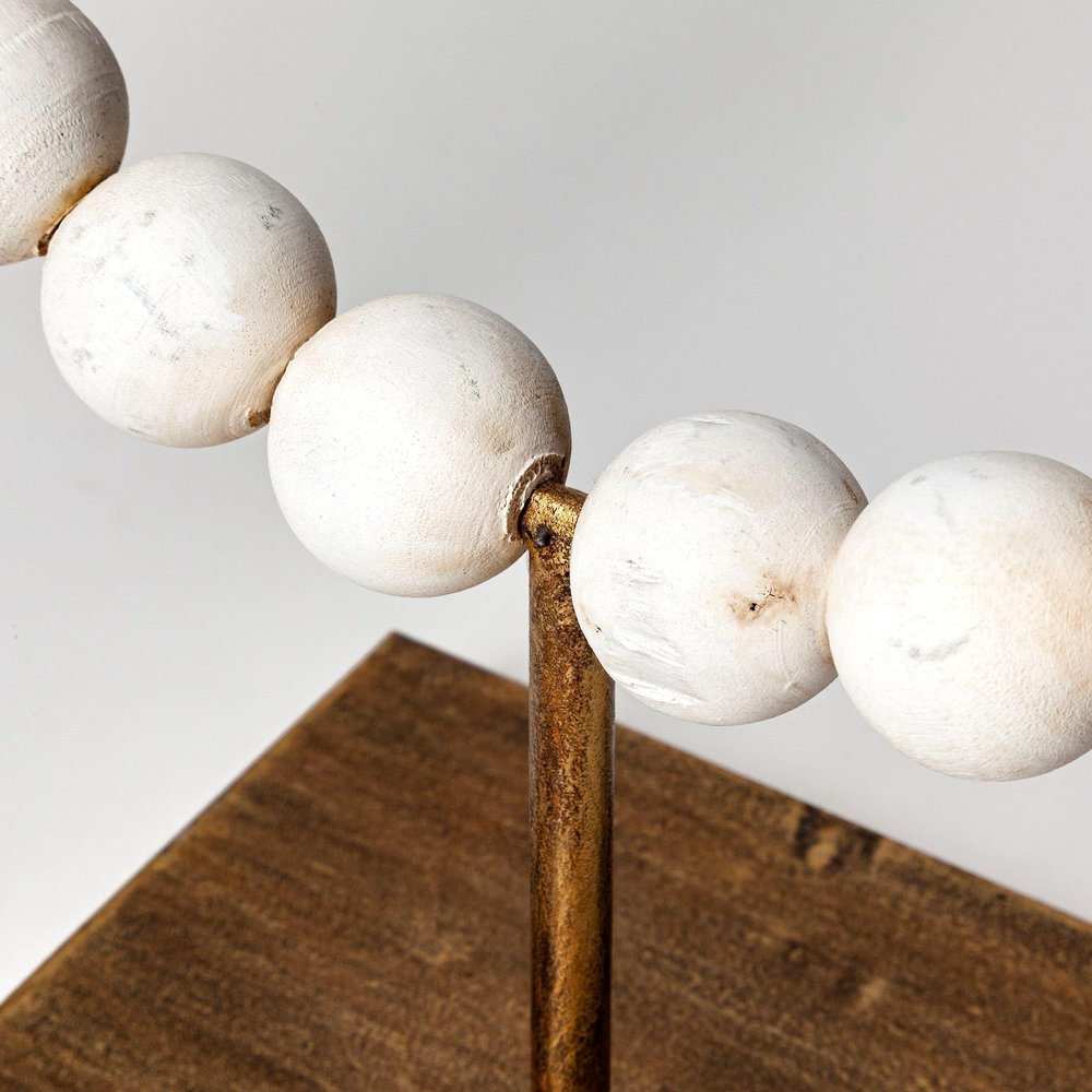 16" White and Gold Wood and Metal Abstract Beaded Tabletop Sculpture