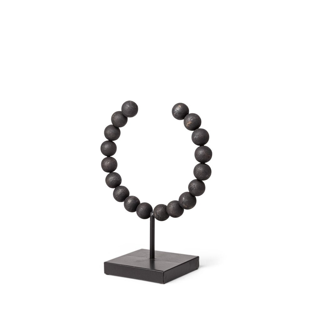 12" Black Wood and Metal Abstract Beaded Tabletop Sculpture