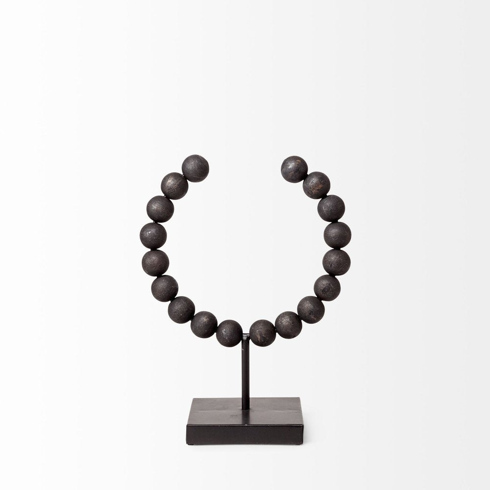 12" Black Wood and Metal Abstract Beaded Tabletop Sculpture