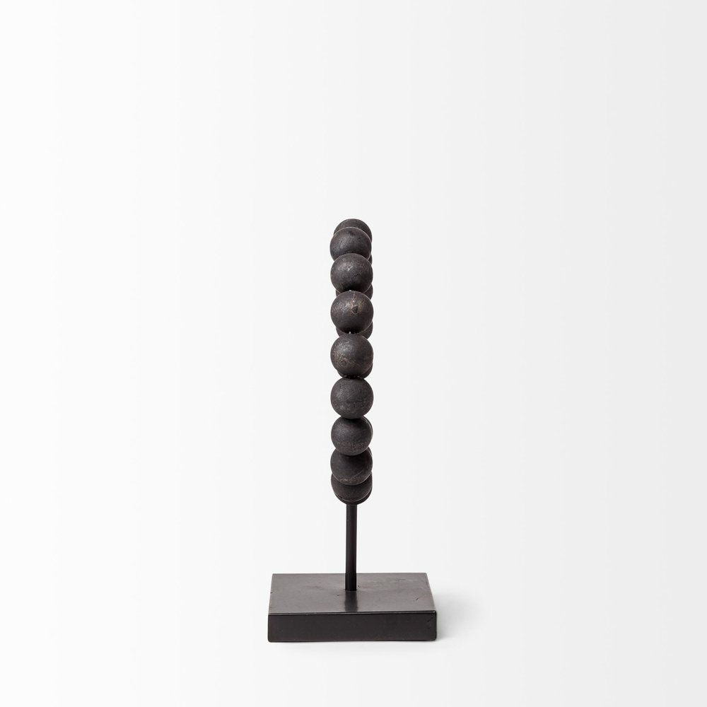12" Black Wood and Metal Abstract Beaded Tabletop Sculpture