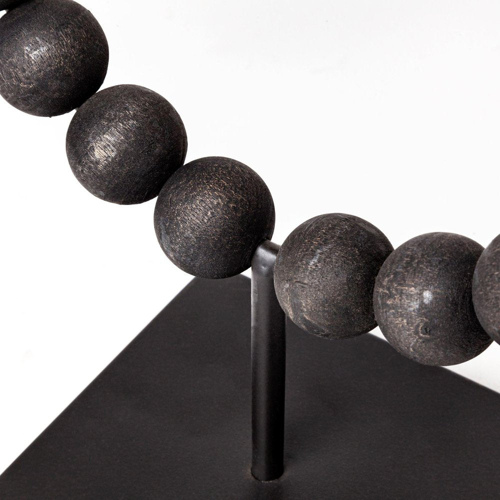 12" Black Wood and Metal Abstract Beaded Tabletop Sculpture