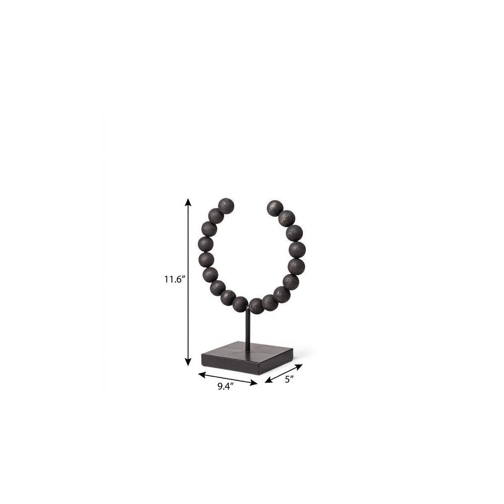 12" Black Wood and Metal Abstract Beaded Tabletop Sculpture