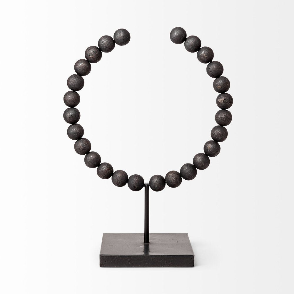 12" Black Wood and Metal Abstract Beaded Tabletop Sculpture