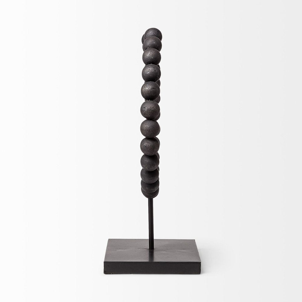 12" Black Wood and Metal Abstract Beaded Tabletop Sculpture