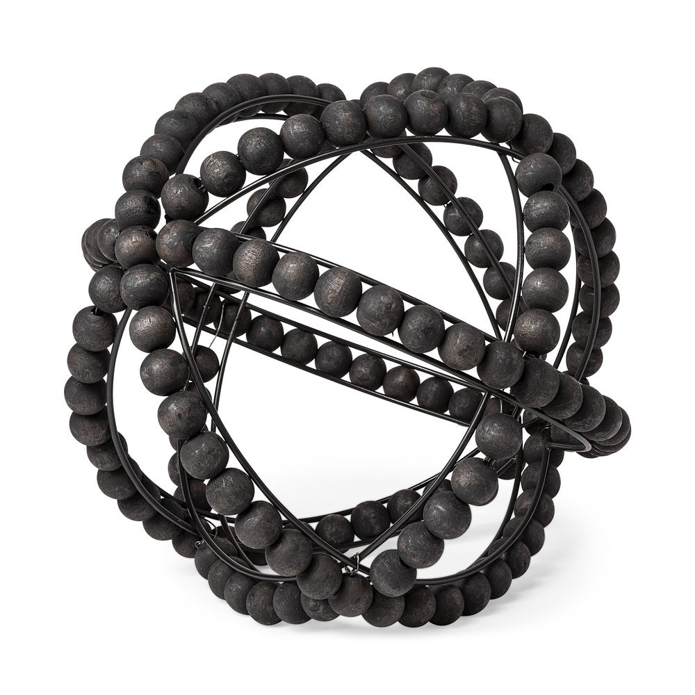 12" Black Wood Bead And Metal Decorative Orb Sculpture