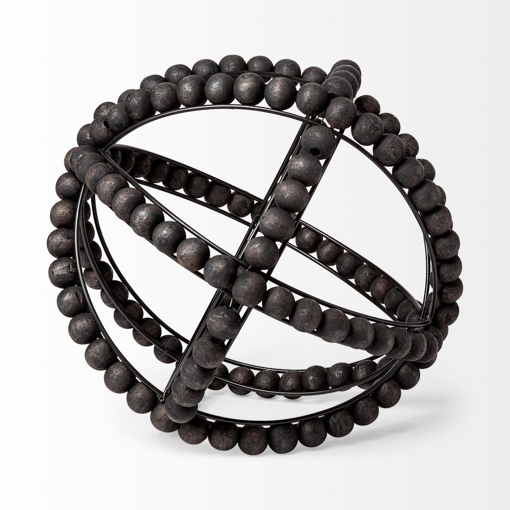 12" Black Wood Bead And Metal Decorative Orb Sculpture