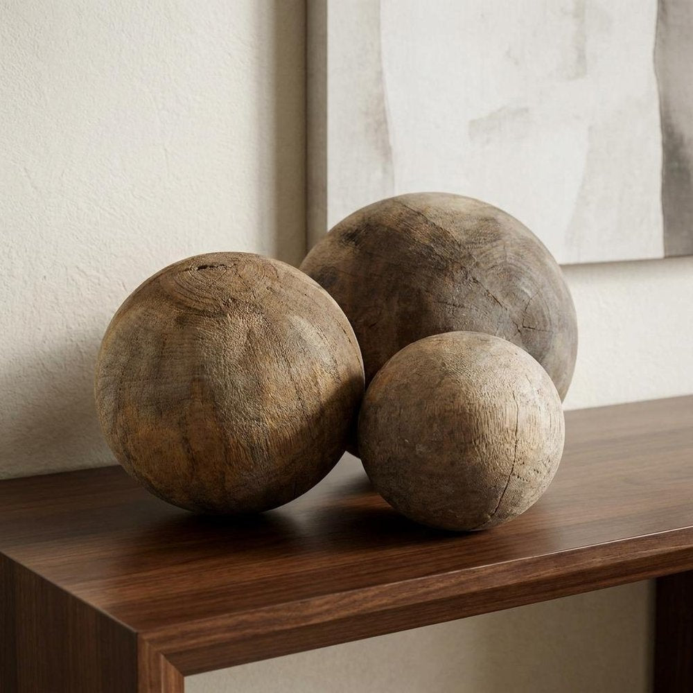 Set of Three 5" Brown Solid Wood Decorative Orb