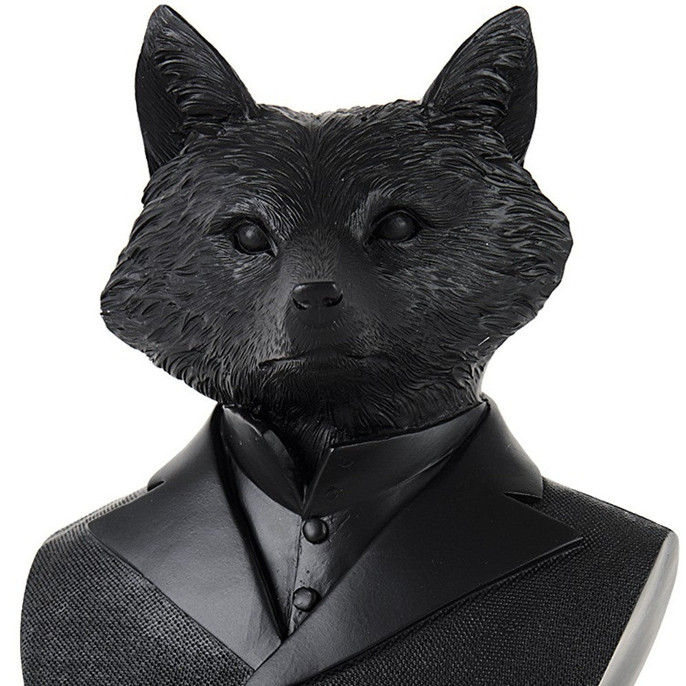 Black Resin Suited Fox Bust Sculpture