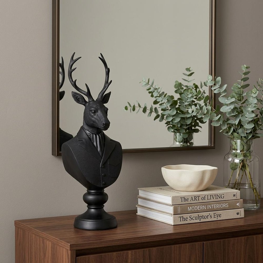 23" Black Polyresin Suited Deer Bust Tabletop Sculpture