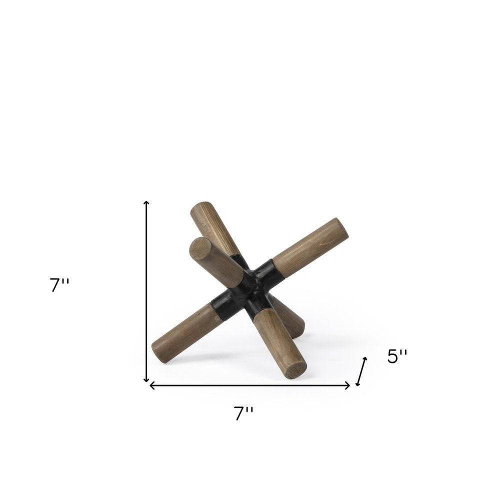 5" Brown Metal And Wood Modern Abstract Tabletop Sculpture