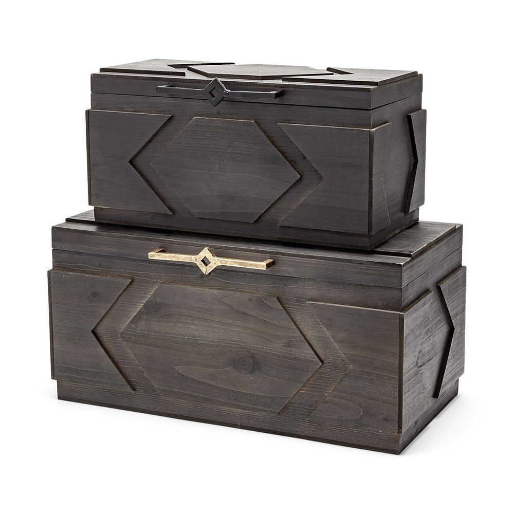 Set of Two Brown Solid Wood Box With Lid