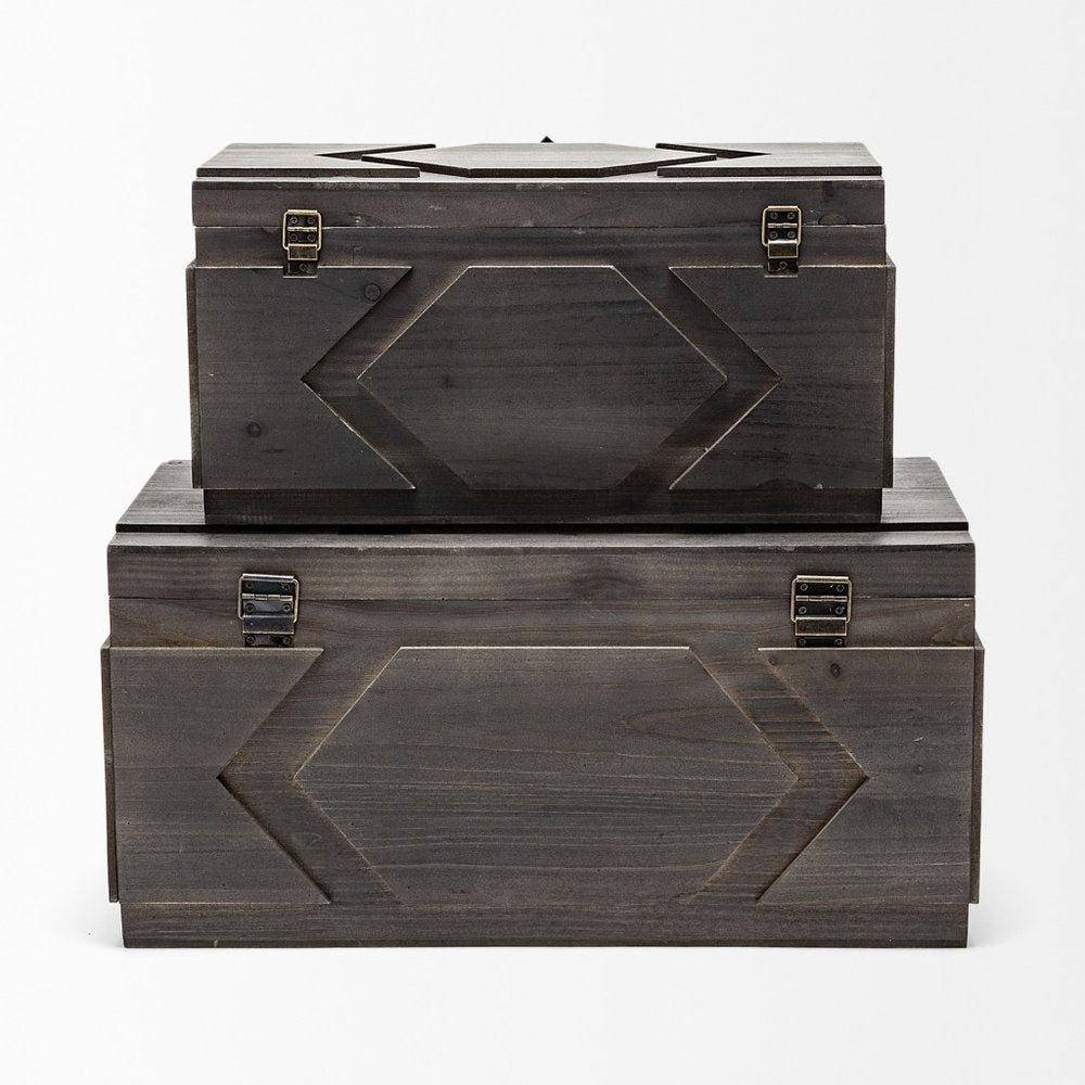 Set of Two Brown Solid Wood Box With Lid
