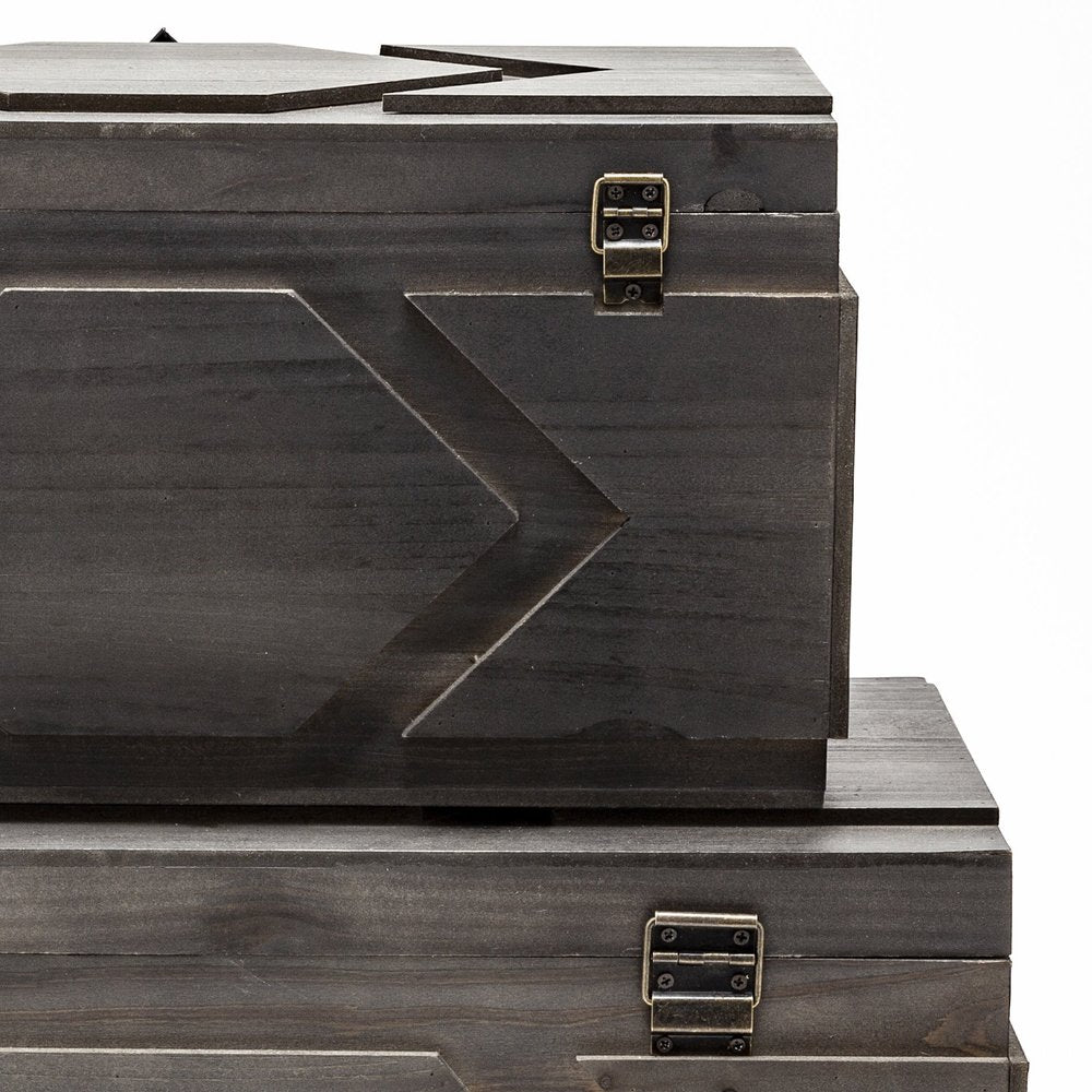 Set of Two Brown Solid Wood Box With Lid