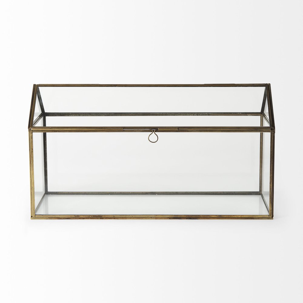 16" Clear And Gold Glass And Metal Terrarium House Organizing Box