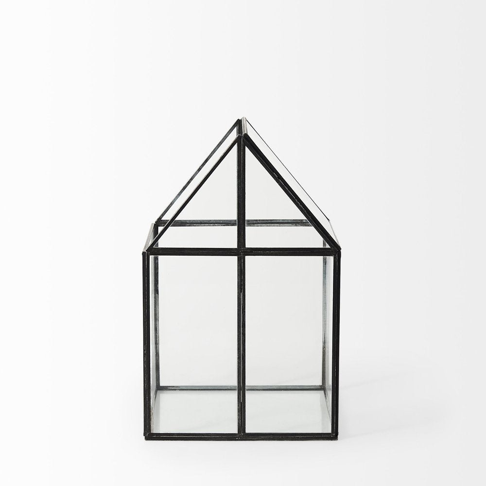 8" Clear And Black Glass And Metal Terrarium House Organizing Box