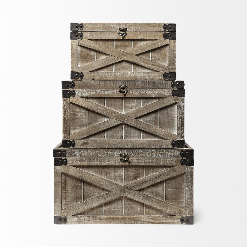 Set Of Three Brown Wooden Storage Boxes