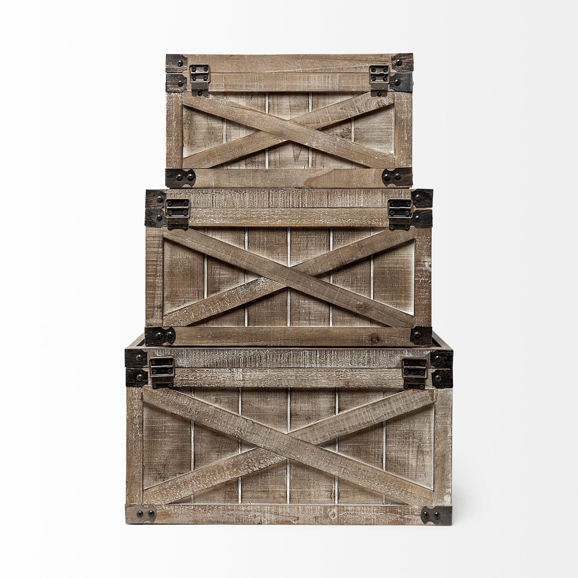 Set Of Three Brown Wooden Storage Boxes