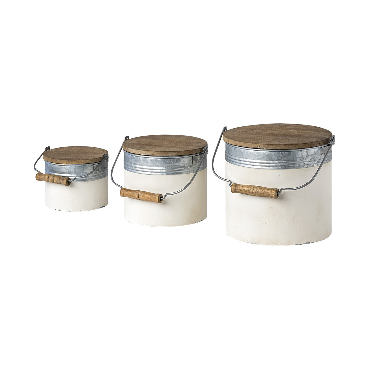Set of Three White Gray And Brown Metal And Solid Wood Storage Buckets With Lid