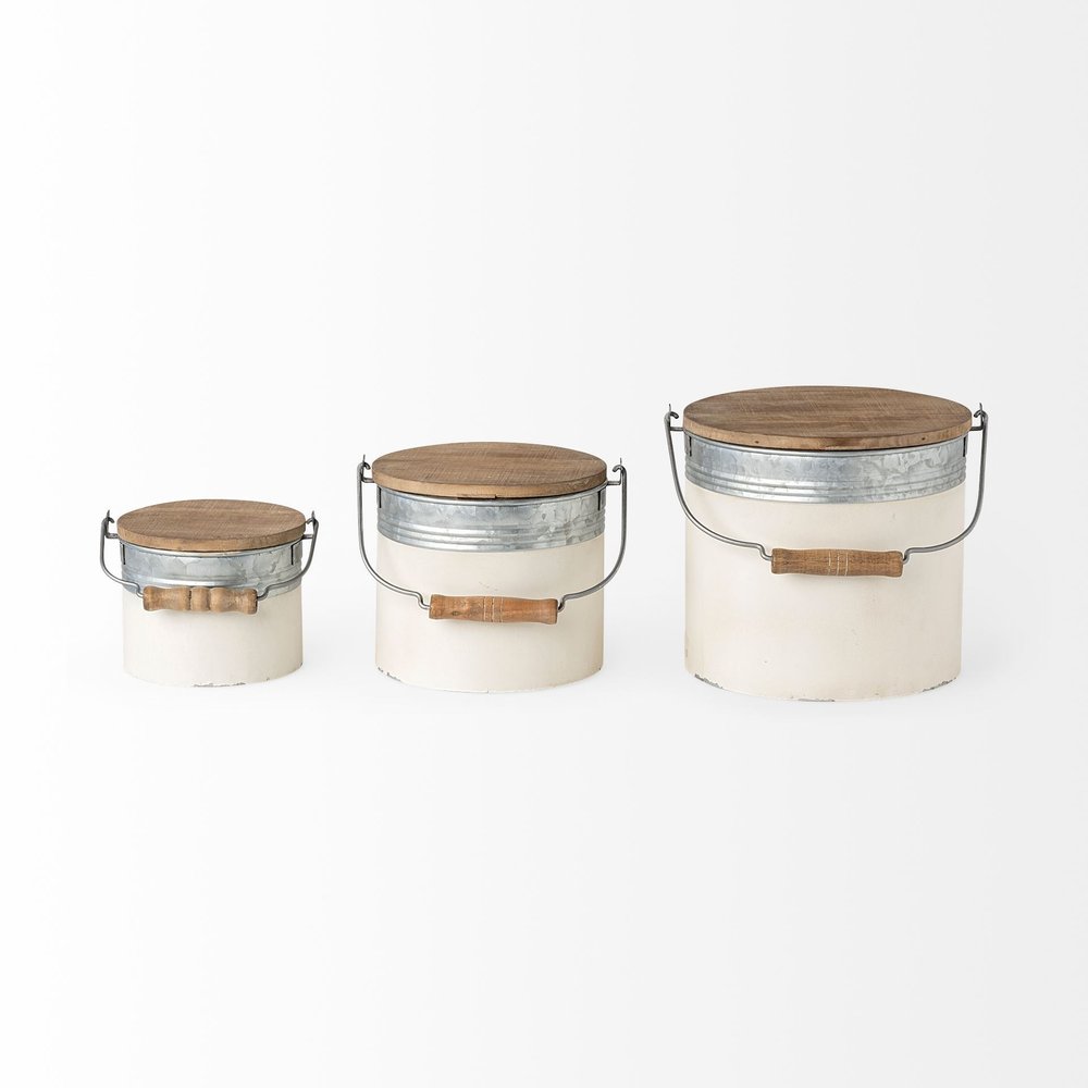 Set of Three White Gray And Brown Metal And Solid Wood Storage Buckets With Lid