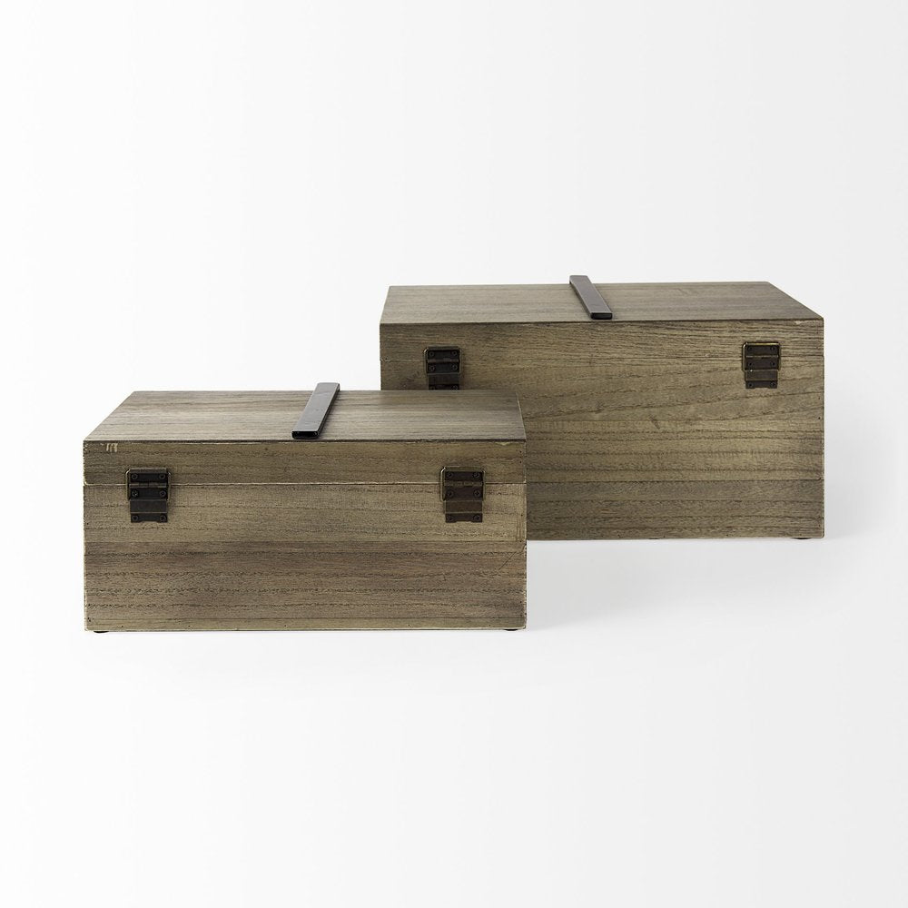 Set of Two Brown Solid Wood Box With Lid