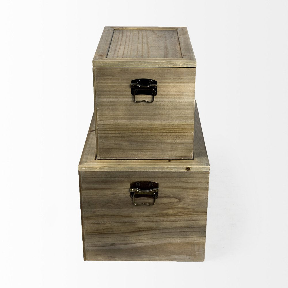 Set of Two Brown And Natural Cane And Solid Wood Box With Lid