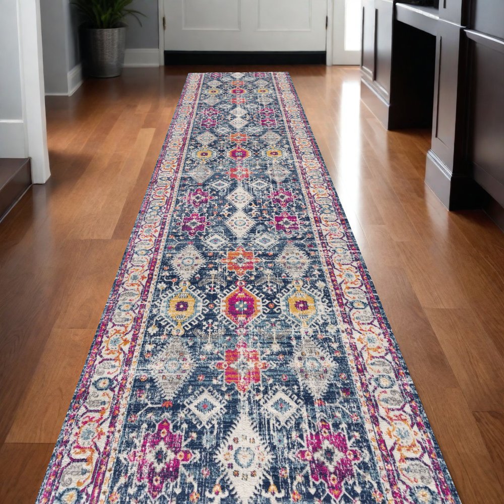 12' Blue And Ivory Oriental Runner Rug