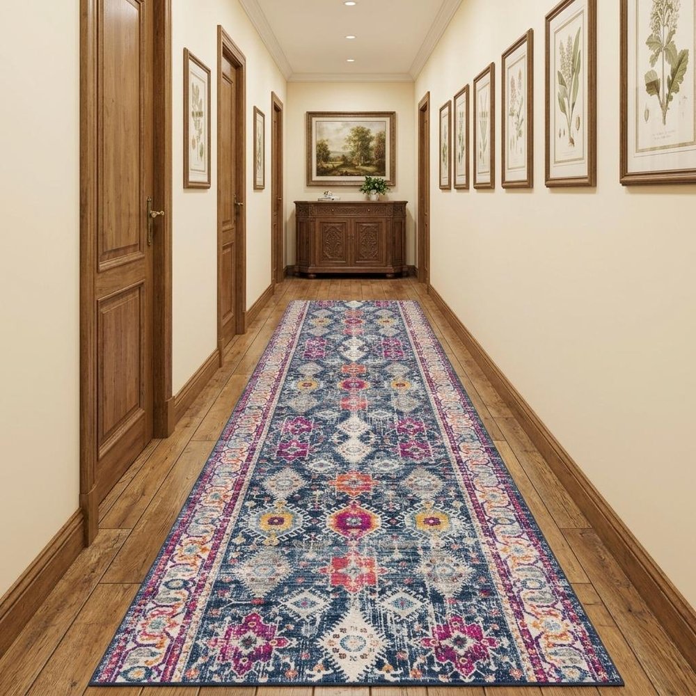 12' Blue And Ivory Oriental Runner Rug