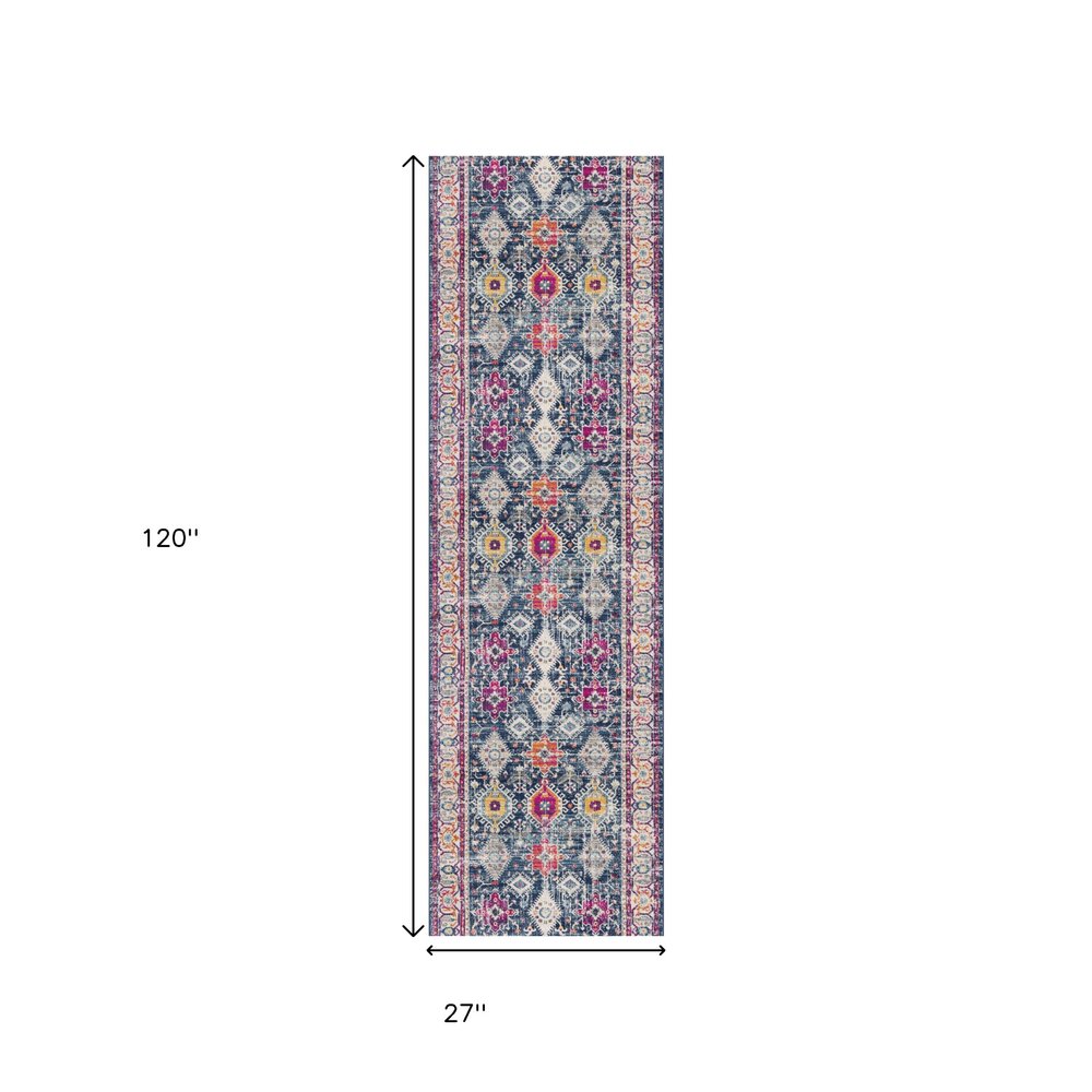 12' Blue And Ivory Oriental Runner Rug