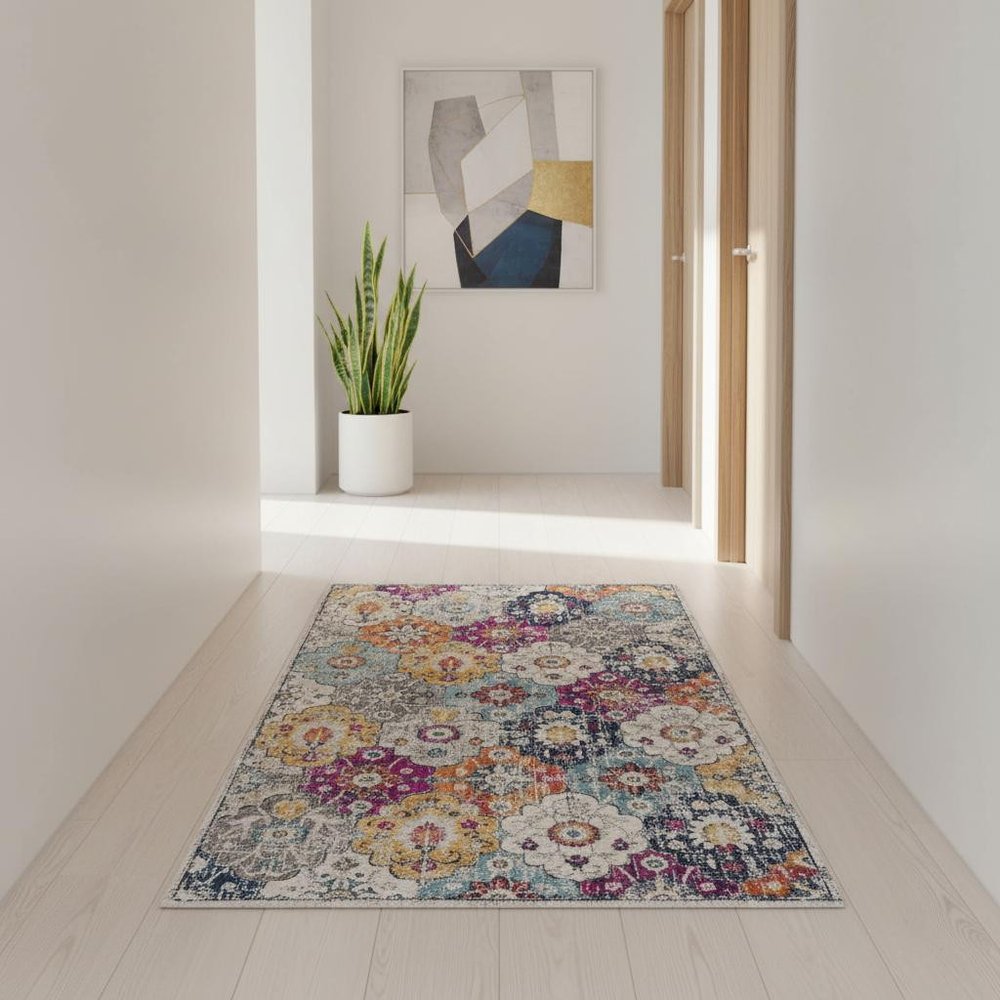 10' Blue And Ivory Floral Runner Rug