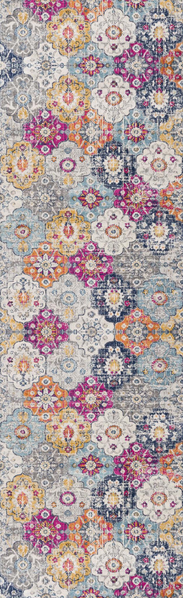 10' Blue And Ivory Floral Runner Rug