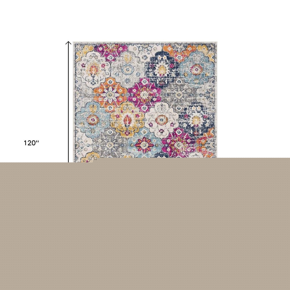 10' Blue And Ivory Floral Runner Rug