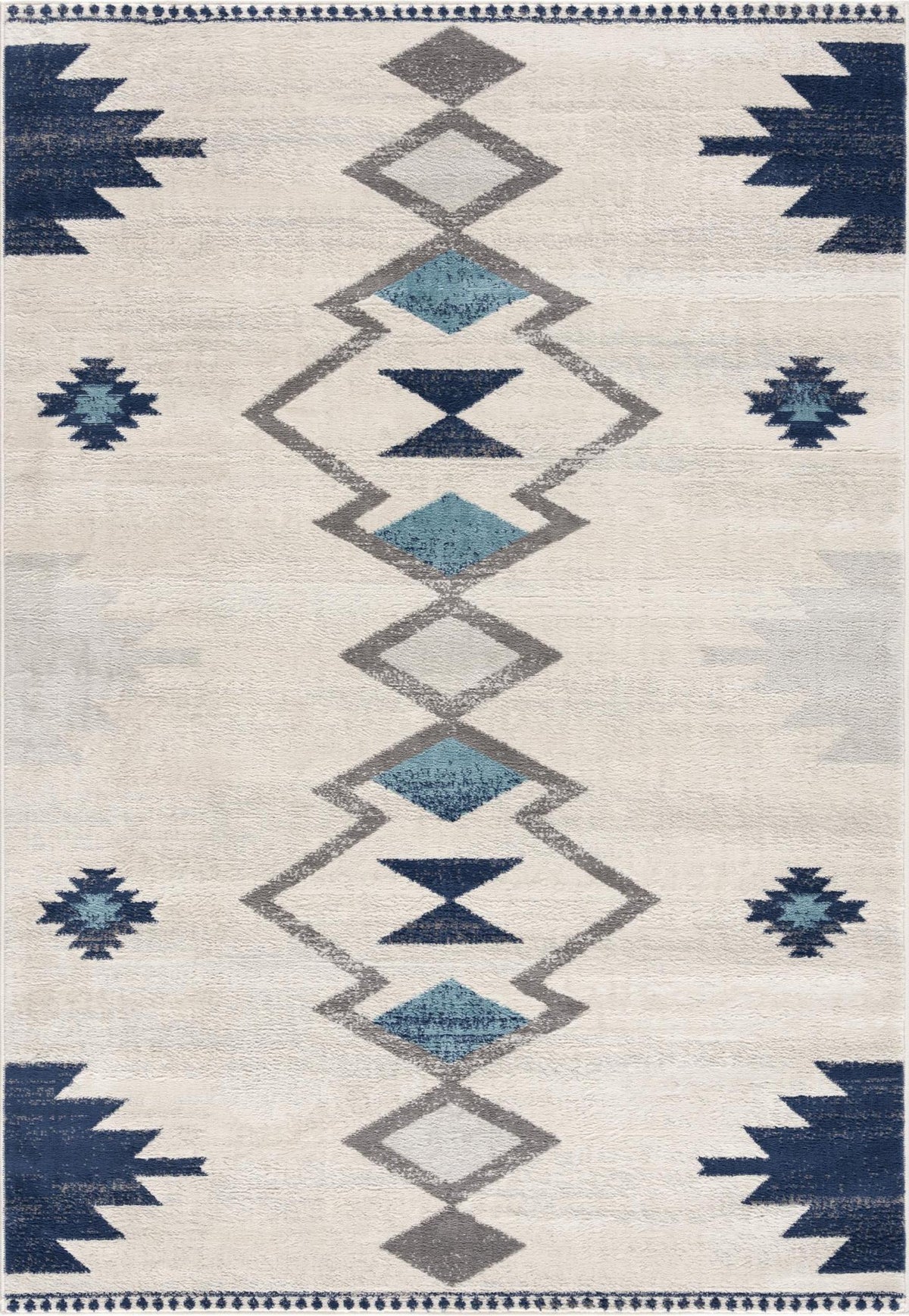 9' X 13' Blue And Ivory Southwestern Shag Area Rug