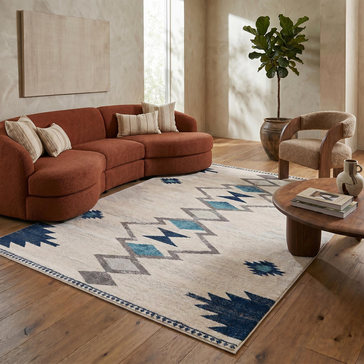 9' X 13' Blue And Ivory Southwestern Shag Area Rug