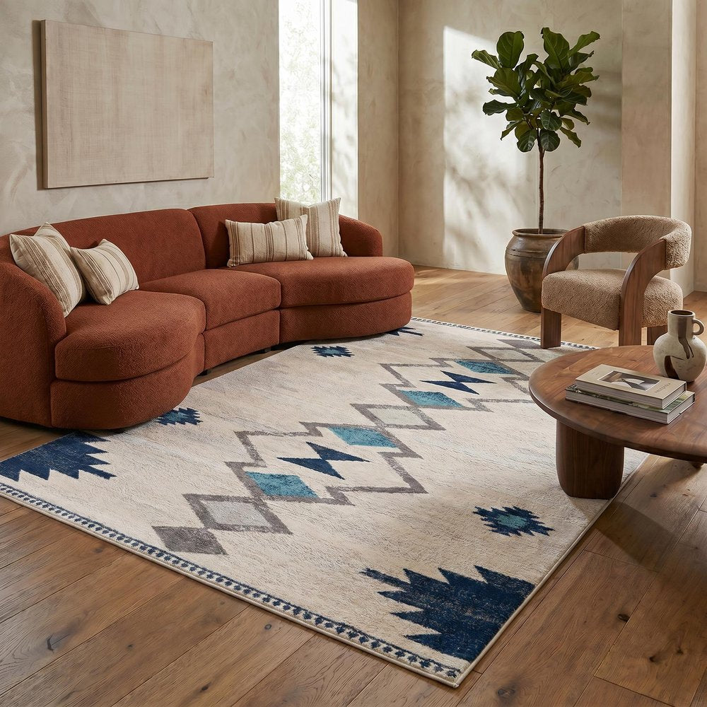 9' X 13' Blue And Ivory Southwestern Shag Area Rug
