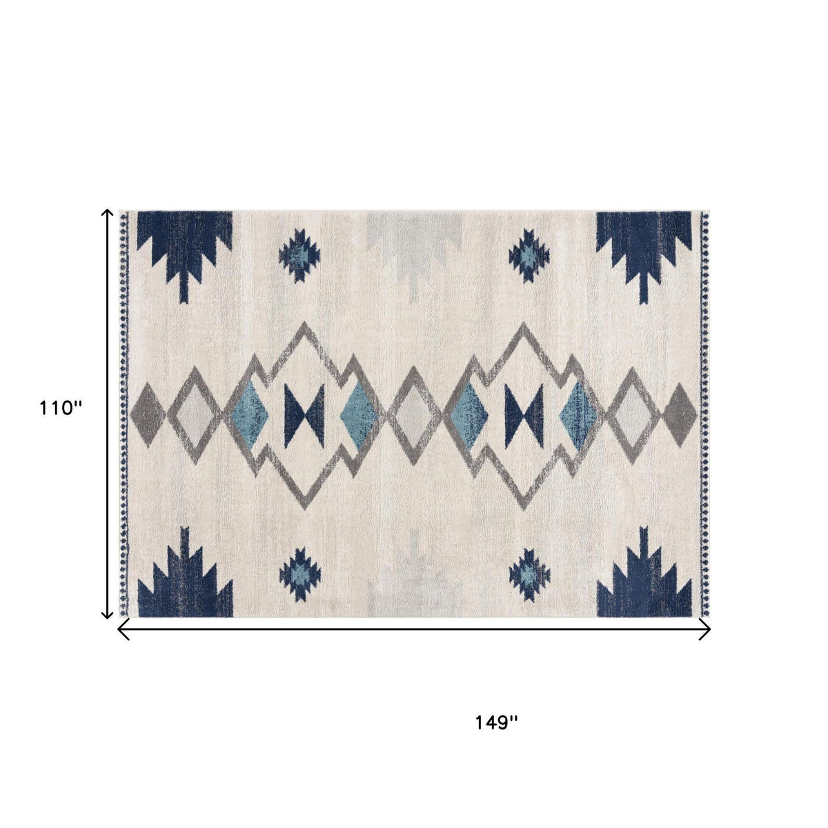 9' X 13' Blue And Ivory Southwestern Shag Area Rug