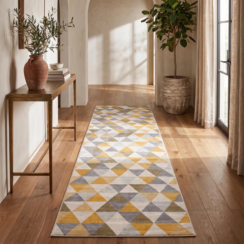 10' Yellow And Ivory Geometric Runner Rug