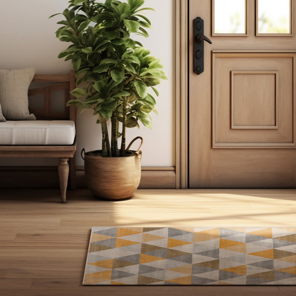 10' Yellow And Ivory Geometric Runner Rug