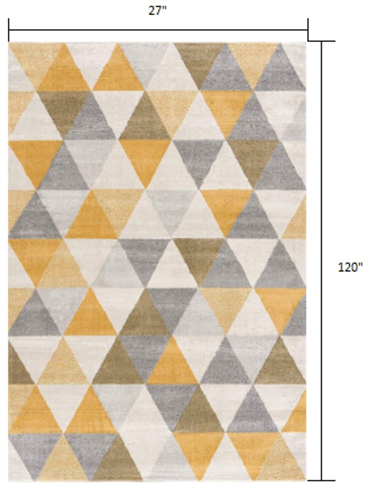 10' Yellow And Ivory Geometric Runner Rug